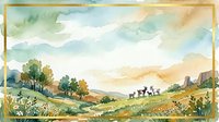 Watercolor countryside landscape with rolling hills, wildflower meadows, scattered trees, and distant mountains under soft cloudy sky. Suitable for nature backgrounds, editorial design, and pastoral themes.