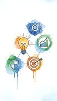 Watercolor business concept with lightbulb, gear, chart, shield and target icons connected by lines representing innovation and strategy planning.