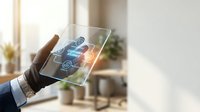 Businessman wearing dark glove holding transparent tablet displaying digital brain interface with glowing neural network icons and data visualization in modern office environment.