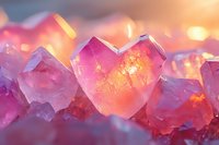 Pink heart shaped crystal formation with glowing warm light and bokeh effect, natural mineral structure in macro photography showing translucent facets and edges.