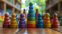 Colorful wooden stacking toys and chess-like figures arranged on wooden surface with soft bokeh background. Educational developmental toys for early learning.