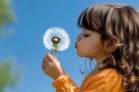 Young Asian girl in orange sweater blowing dandelion seeds against blue sky background, capturing childhood wonder and natural exploration moment.