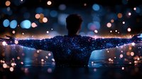 Silhouette of person with outstretched arms against dark background with magical glowing blue sparkles and bokeh lights creating dreamy atmosphere.