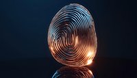 Metallic copper fingerprint sculpture with glowing highlights on dark background reflects modern biometric security and personal identity concept.