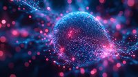 Glowing microscopic cell structure with blue and pink bioluminescent particles against dark background, scientific visualization for medical research and biology.