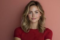 Young woman with blonde wavy hair wearing red sweater smiling at camera against pink background, natural makeup and confident expression for beauty and lifestyle content.