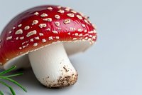 Red and white spotted amanita muscaria mushroom close-up on light background with green plant detail, toxic toadstool macro photography for nature study.