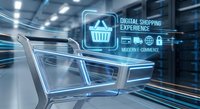 Futuristic shopping cart with holographic digital commerce interface displaying online retail technology and e-commerce innovation in modern store environment.