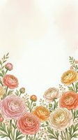 Elegant ranunculus flowers frame with soft pink and orange blooms on cream background for wedding invitations and feminine design projects.