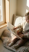 Young woman in cozy knit sweater reading book by sunny window on chunky knit blanket in warm minimalist bedroom interior for relaxation and lifestyle.