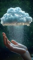 Magical glowing cloud floating above outstretched hand with sparkling rain falling through darkness, creating ethereal atmosphere against deep green background.