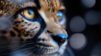 Close-up portrait of Bengal cat with striking golden eyes and spotted coat pattern against blurred bokeh background for pet photography and feline content.