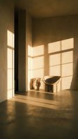Minimalist interior space with warm sunlight streaming through large gridded windows, casting geometric shadows across concrete floor and neutral walls, featuring sculptural ceramic vessels and modern furniture for contemporary design projects.