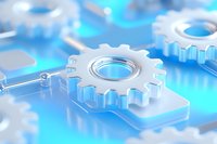 Silver metallic gears on blue glowing background representing technology, automation, and mechanical engineering concepts for business solutions.