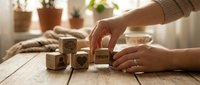 Hands arranging wooden blocks with heart symbols on rustic table in cozy home setting with plants creating warm atmosphere for love concepts.