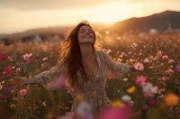 Young woman with long brown hair enjoying freedom in colorful wildflower field during golden hour sunset with mountains in background.