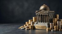 Classical bank building with golden dome surrounded by stacks of gold coins representing financial growth and investment opportunities for business concepts.