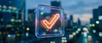 Glowing neon checkmark icon in transparent glass cube floating over blurred city lights background. Digital approval and verification concept.