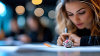 Young woman with blonde wavy hair writing in notebook at evening cafe with blurred bokeh lights background, focused on creative work or studying.