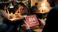 Person holding tablet displaying 404 error message at social gathering with friends dining in warm-lit interior space, suitable for web design and digital communication projects.