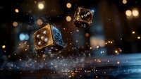 Glowing golden dice floating in dark space with magical sparkles and bokeh lights against blurred background. Concept of luck and gambling entertainment.