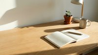 Minimalist workspace with open notebook, pen, coffee mug, small potted succulent plant, and desk lamp on wooden table with natural sunlight casting shadows.
