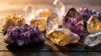 Collection of healing crystals and gemstones including amethyst, citrine and clear quartz arranged on wooden surface for spiritual wellness practices.
