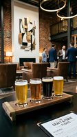 Beer flight tasting with four craft varieties displayed on wooden board in modern brewery lounge featuring exposed brick, contemporary art, and casual business professionals networking.