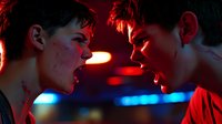 Dramatic confrontation between two young people illuminated by intense red and blue lighting, showing raw emotion and conflict in dark atmospheric setting.
