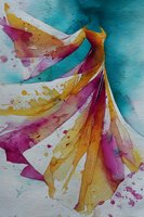 Abstract watercolor painting with flowing magenta, orange, and yellow forms against turquoise background, creating dynamic movement and splatter effects.