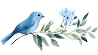 Watercolor blue bird perched on branch with delicate green leaves and light blue flowers, artistic nature illustration on white background.
