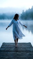 Woman with long dark hair, wearing light blue linen shirt dress, standing on wooden dock with arms outstretched overlooking misty lake surrounded by coniferous forest at dawn or dusk.