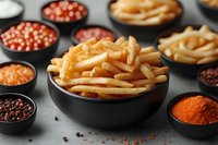 Golden french fries in black ceramic bowl surrounded by colorful spices and seasonings in small bowls on dark background, selective focus on crispy potato strips.