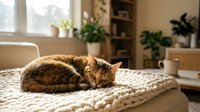Orange tabby cat sleeping peacefully on cozy knitted blanket in sunlit bedroom with houseplants and wooden shelves creating warm homey atmosphere.