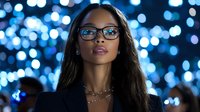 Young African American businesswoman wearing glasses against blue bokeh lights background, confident expression and professional attire, evening event atmosphere.