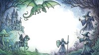 Fantasy medieval frame with dragon, wizard, knight and castle creating magical border for text or design projects.