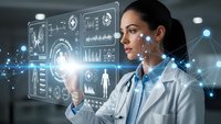 Female doctor using futuristic holographic medical interface technology in modern healthcare facility for patient data analysis and diagnosis.