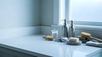 Minimalist bathroom counter with natural spa accessories, wooden brushes, glass bottles and ceramic dishes near window for wellness and self-care routines.