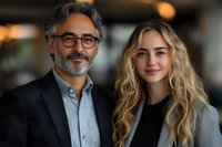 Professional mature businessman with glasses and young blonde businesswoman colleague smiling in modern office environment for corporate teamwork concepts.