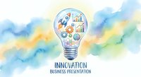 Watercolor lightbulb with business icons including rocket, gears, and charts representing innovation and creative ideas for presentations and marketing materials.