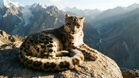 Snow leopard resting on rocky mountain ledge with dramatic alpine peaks and valleys in background during golden hour light creating majestic wildlife scene.
