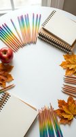 Colorful gradient pencils arranged in circle with notebooks, red apple and autumn leaves on white table for creative workspace and back to school concept.
