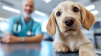 Adorable golden retriever puppy at veterinary clinic with senior male veterinarian in scrubs smiling in background, focus on puppy's expressive face and blue eyes.