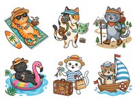 Adventurous cats exploring the world with travel gear, camping equipment, and vacation accessories. Isolated clipart set ready for design projects, merchandise, and creative applications.