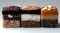 Layered dessert bars with nuts and chocolate on gray background. Cross section view shows multiple textures including creamy filling and crunchy base.