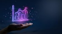 Neon glowing bar chart icon floating above an open hand against dark blue background, representing business growth, data analytics, financial success and digital technology solutions.