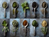 Variety of aromatic herbs and spices in vintage silver spoons arranged in grid pattern on textured blue background for culinary use.