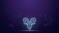 Aries zodiac sign with ornate horns glowing against dark purple starry background, representing astrology and horoscope themes for design and wellness applications.