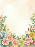 Watercolor floral border frame with roses, peonies, and berries on a soft beige background, perfect for wedding cards and invitations.