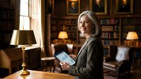 Mature woman with gray hair and fair complexion, wearing a gray blazer, holding a tablet device while standing in an elegant library room with wooden bookshelves, brass lamps, and classical artwork on walls. Suitable for business, technology, education, and professional lifestyle concepts.